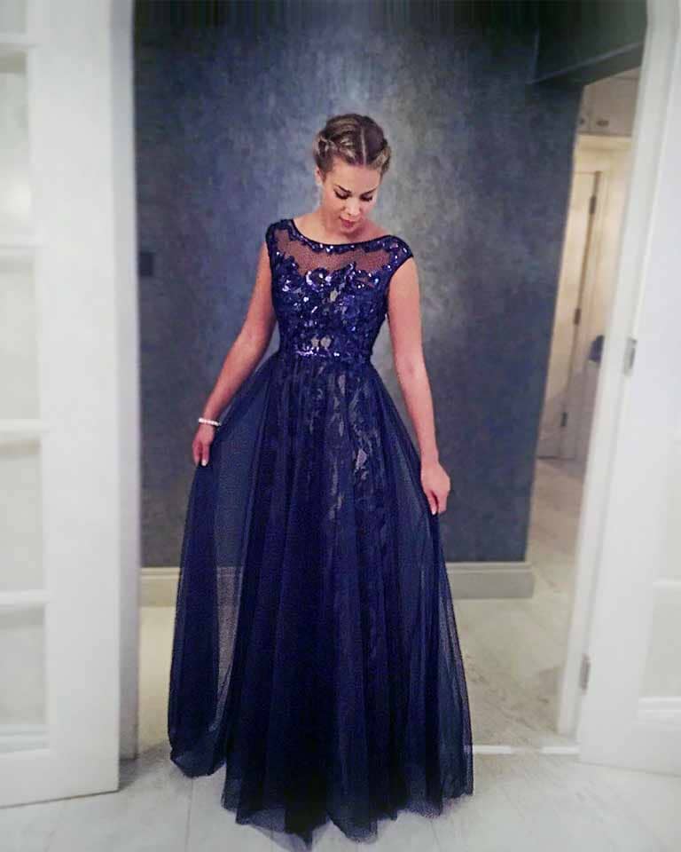 Jess 2 Blue ball gown worn at Russian Ball, London. Tulle bodice with boat neck and sequins.