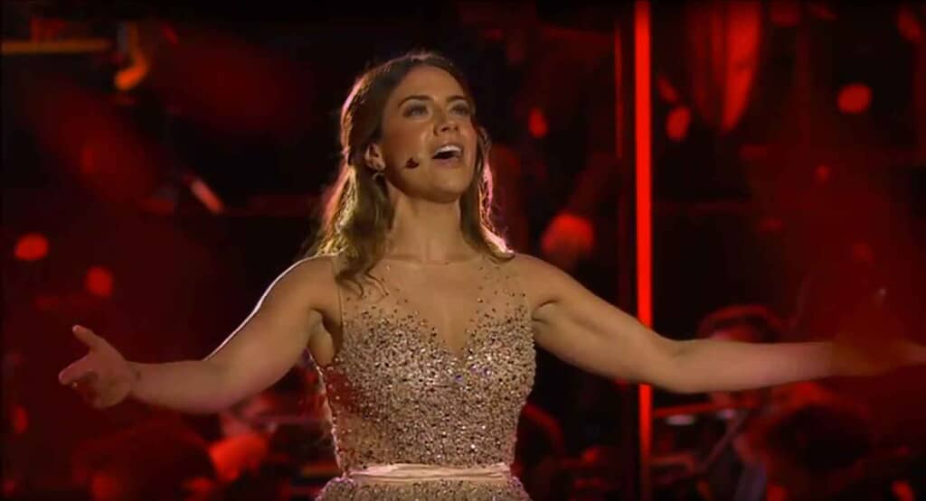 Meghan Picerno wore this gold ballgown from One Night Stand for her performance of Andrew Lloyd Webber's music the Classic Brits Awards